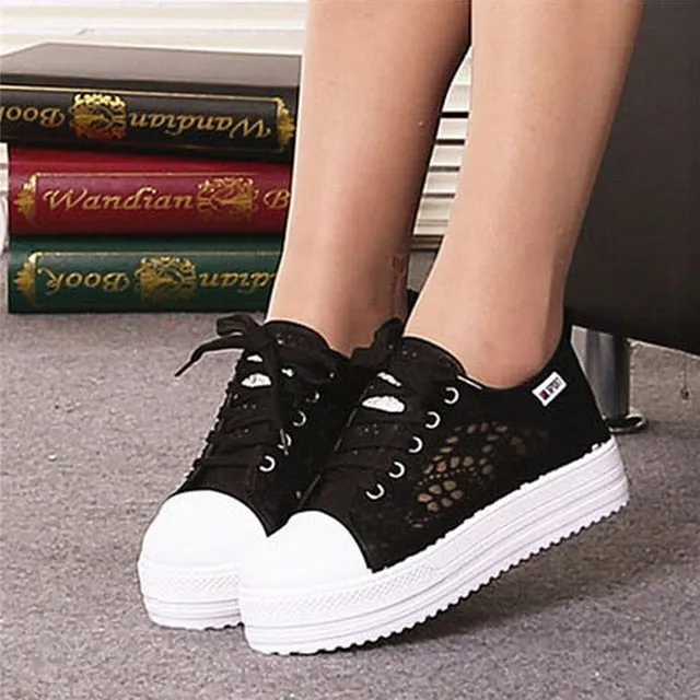 Women shoes  fashion summer casual white shoes cutouts lace canvas hollow breathable platform flat shoes woman sneakers